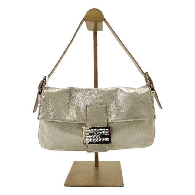 FENDI Baguette 1997 White Pearlescent Fabric Crystal Buckle Shoulder Bag-Luxbags