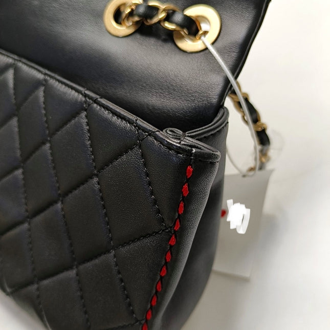 Chanel Black Lambskin Red Stitching Single Flap Double Chain Bag 2017