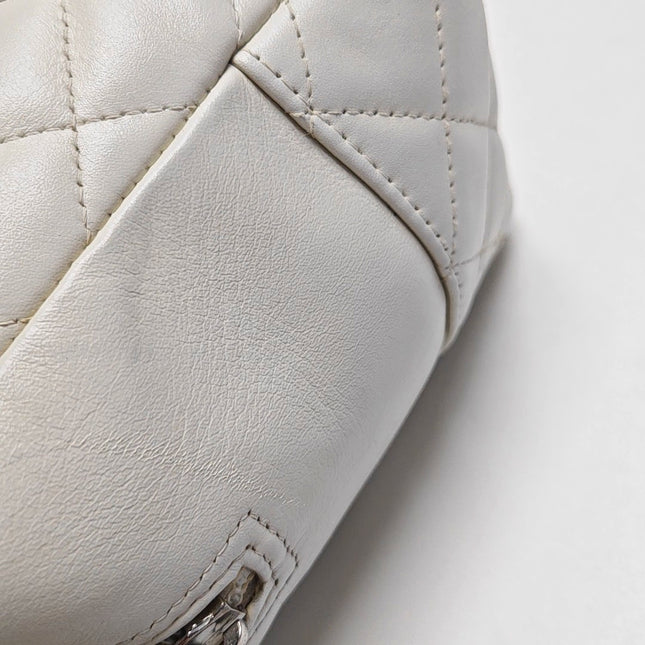 Chanel Cambon Medium Shoulder Bag White Calfskin Leather Snake-skin CC Logo Black Double Strap