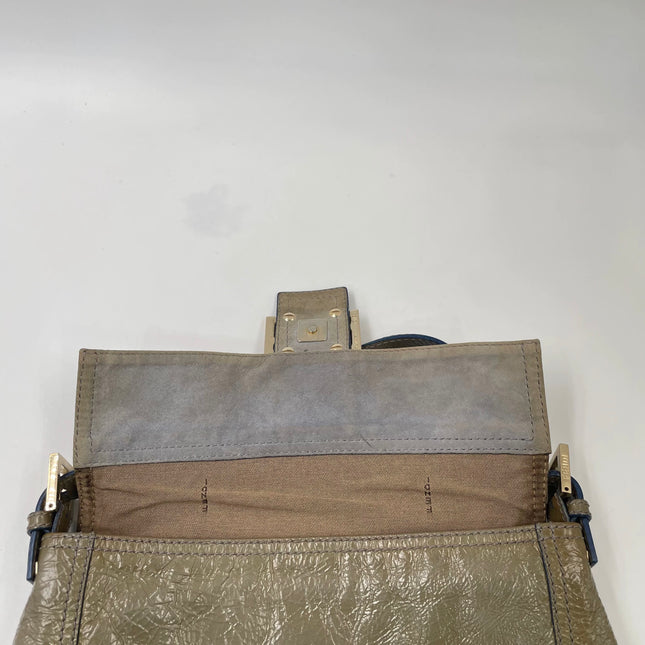 Fendi Baguette Dark Green Crinkled Patent Leather Shoulder Bag
