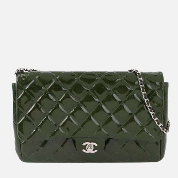 Chanel Envelope Clutch with Chains Shoulder Bag Dark Green Patent Leather