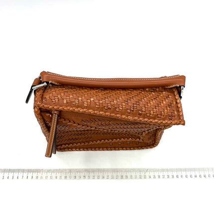 Loewe Puzzle Small Leather Woven Caramel Tan Crossbody Bag
