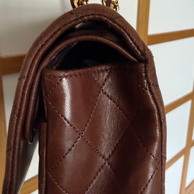 Chanel Classic Flap Rare Vintage Medium Brown Lambskin Leather 24k Gold Hardware 1989-1991