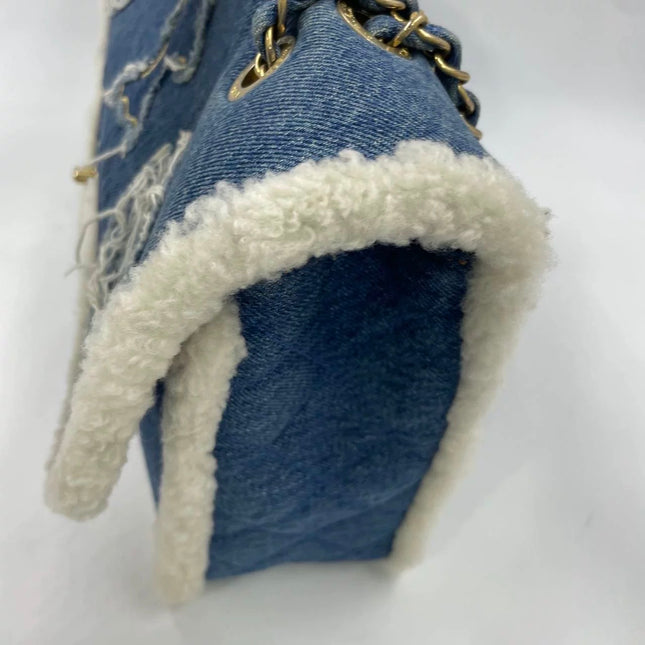 Chanel Blue Denim White Shearling Egyptian Hieroglyph Maxi Flap Bag Gold Hardware, 2019