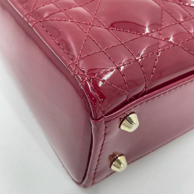 Lady Dior Mini Handbag Burgundy Red Patent Leather Gold-tone Chain Strap