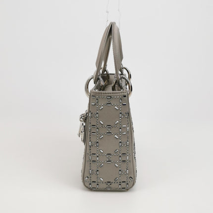 Lady Dior Mini Grey Silk with Crystals Silver Hardware