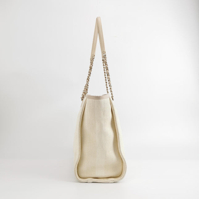 Chanel Deauville Tote Light Beige Stripes Cloth Leather Chain Handle Small 34cm