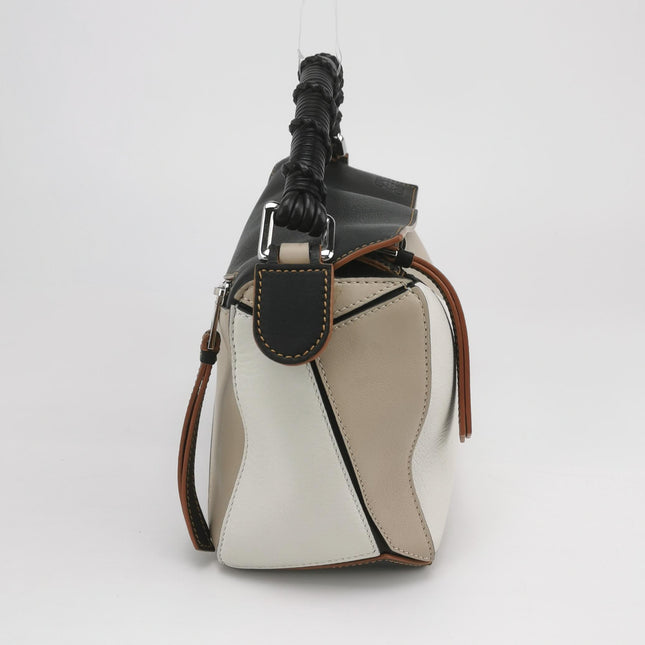 Loewe Puzzle Small Tricolor Black Grey Calfskin Leather Braided Handle Crossbody Bag