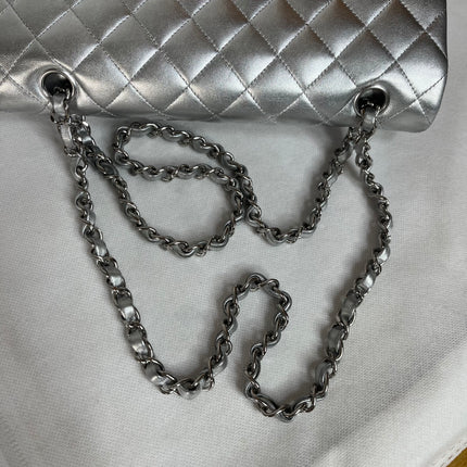 Chanel Classic Flap Medium Silver Lambskin Leather Silver Hardware
