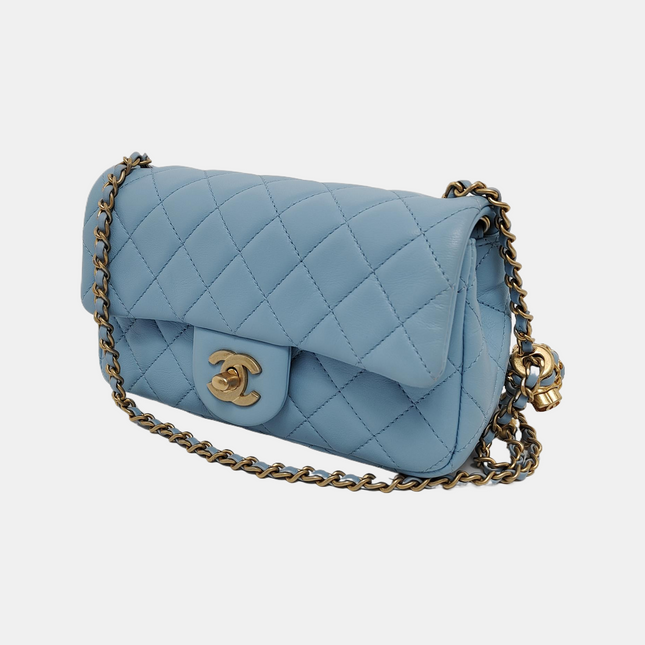 Chanel Classic Flap Mini Baby Blue Lambskin Pearl Crush Adjustable Gold Ball Chain