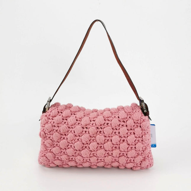 Fendi Baguette Bag Pink Crochet Knit Wool Pompom and Flowers Shoulder Bag