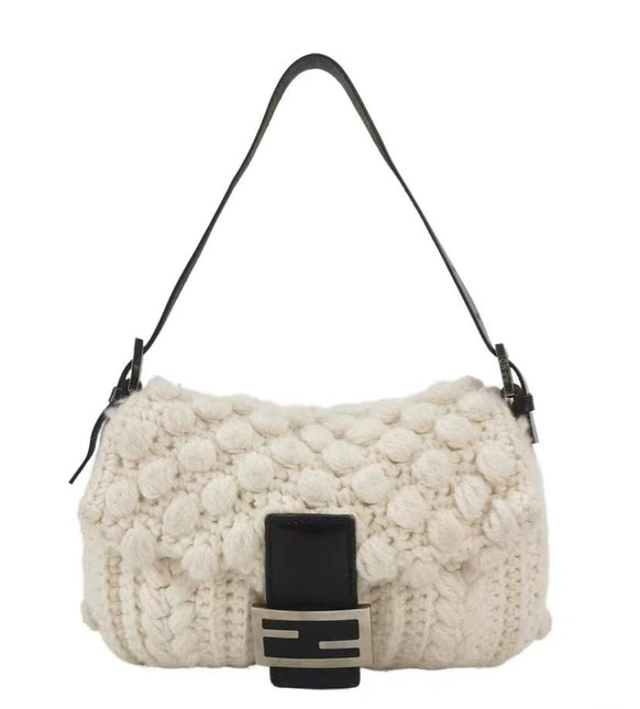 Sold Fendi Baguette Bag White Wool Pompom Shoulder Bag-Luxbags