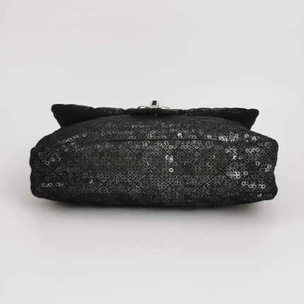 Chanel Black Mesh and Sequins Jumbo Maxi Classic Flap Silver Hardware 2008