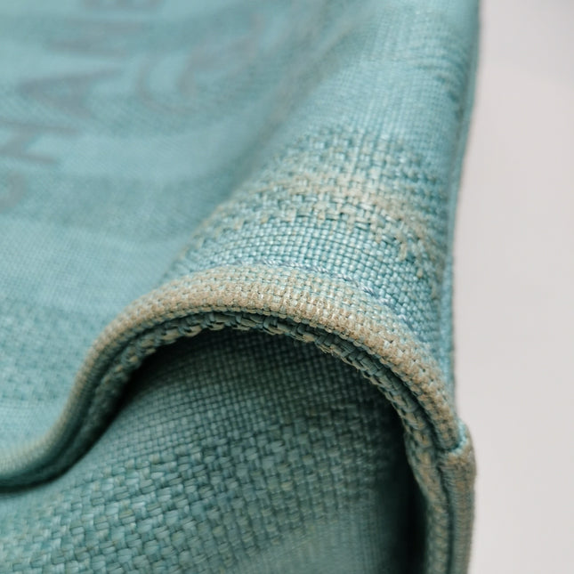 Chanel Deauville Tote Light Blue Turquoise Stripes Cloth Leather Chain Handle Small 34cm