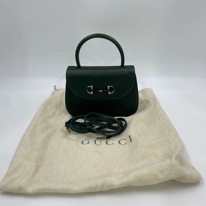 Gucci Horsebit Night Super Mini Green Satin Top Handle Bag with Strap