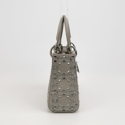 Lady Dior Mini Grey Silk with Crystals Silver Hardware
