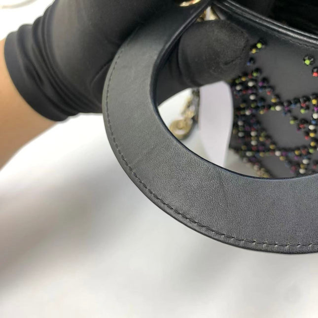 Lady Dior Mini Black Calfskin Leather with Multicolor Crystals Gold Hardware