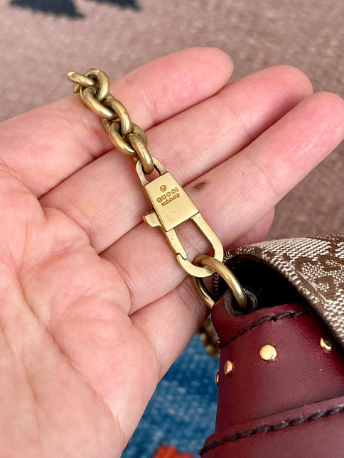 Gucci Horsebit 1955 Small Cloth Beige Monogram Burgundy Leather Shoulder bag