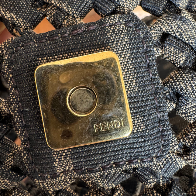 Fendi Baguette Mini Canvas Crochet Zucca Dark Green and Gold Hardware