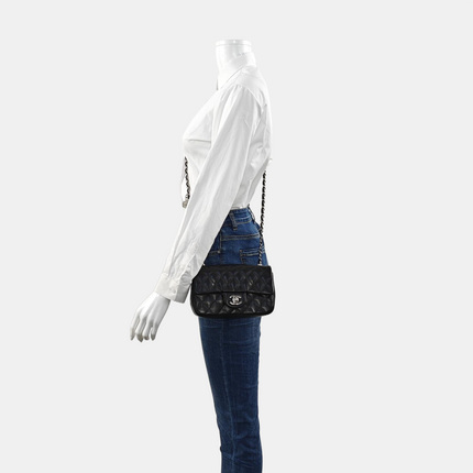 Chanel Classic Flap Mini 2014 Black Lambskin Camellia Charms Silver Hardware