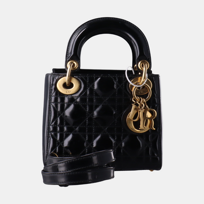 Lady Dior Mini Black Patent Leather handbag with gold hardware Leather Strap-Luxbags