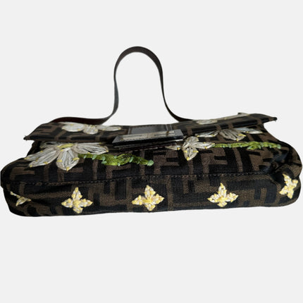 Fendi Baguette Zucca Monogram with Straw Floral Embroidery