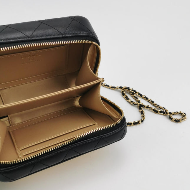 Chanel Vanity Case Mini Black Quilted Lambskin Golden Plate 2021