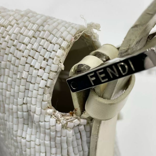 Fendi Baguette Vintage White Glitter Beads Brown Leather