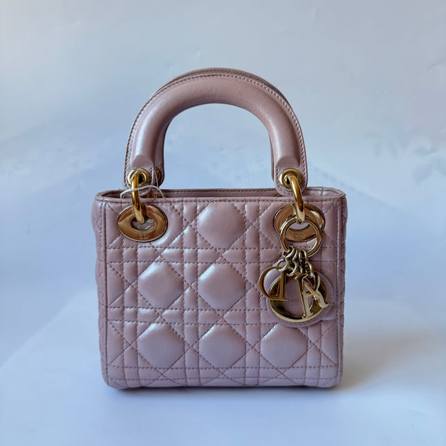 Lady Dior Mini Pearlescent Pink Lambskin Leather Gold HW Chain Strap