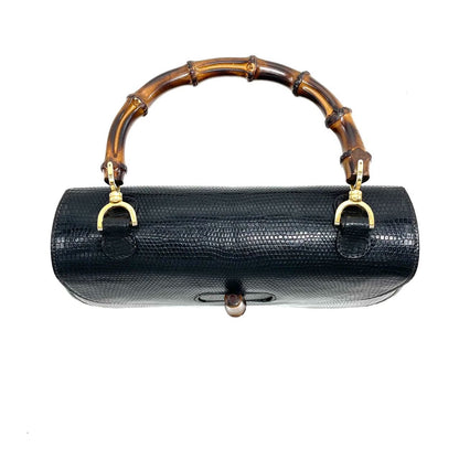 Gucci Bamboo 1947 Vintage Rare Lizard-skin Leather Large Black with Strap