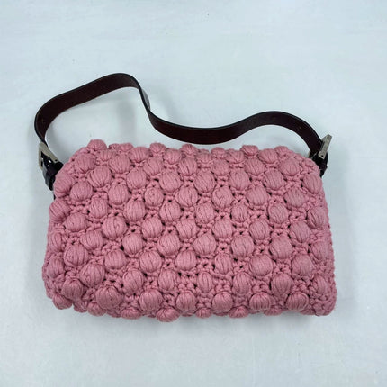 Sold Fendi Baguette Bag Pink Crochet Knit Wool Pompom Shoulder Bag
