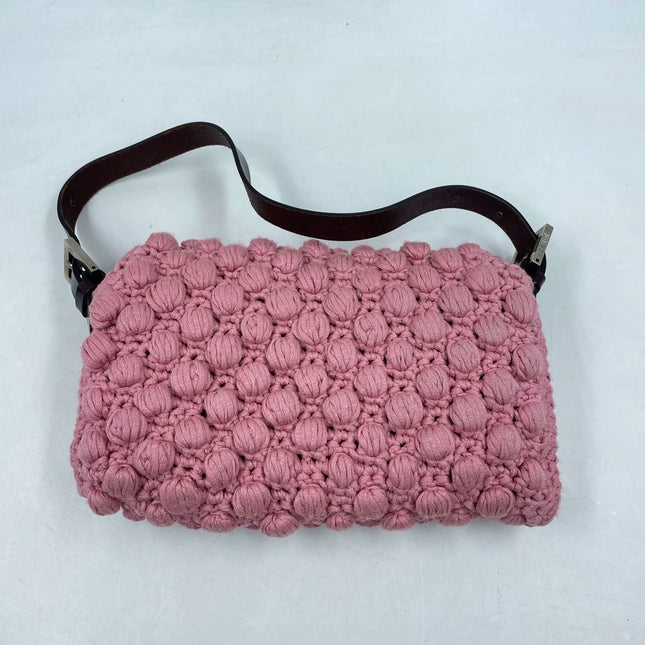 Sold Fendi Baguette Bag Pink Crochet Knit Wool Pompom Shoulder Bag