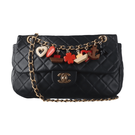 Chanel Classic Flap Medium Black Lambskin Leather Valentine Marine Charms-Luxbags