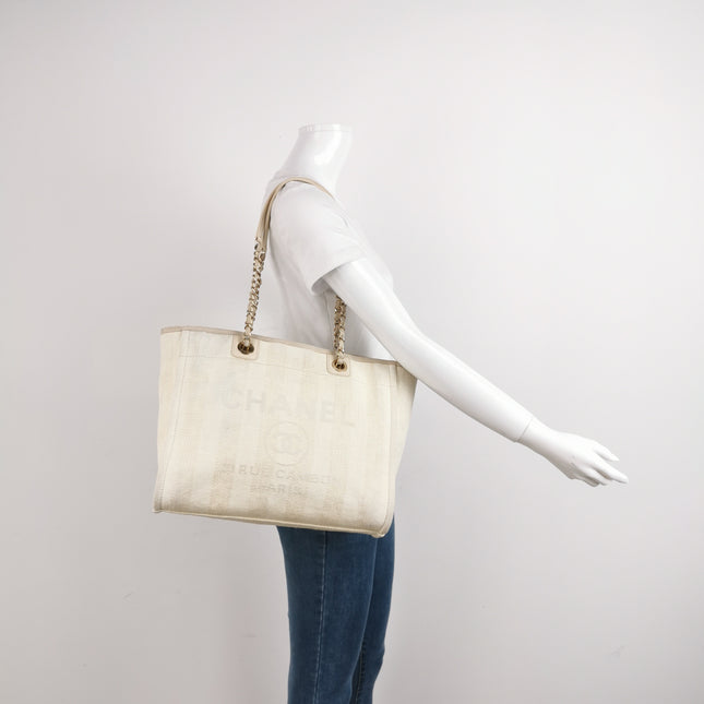 Chanel Deauville Tote Light Beige Stripes Cloth Leather Chain Handle Small 34cm