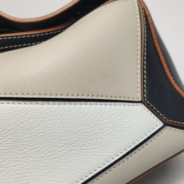 Loewe Puzzle Small Tricolor Black Grey Calfskin Leather Braided Handle Crossbody Bag