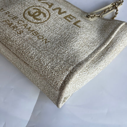 Chanel Deauville Tote Gold Beige Cloth Leather Chain Strap Small 34cm
