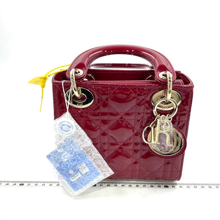 Lady Dior Mini Handbag 2021 Burgundy Red Patent Leather Gold-tone Chain Strap