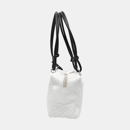 Chanel Cambon Medium Shoulder Bag White Calfskin Leather Snake-skin CC Logo Black Double Strap