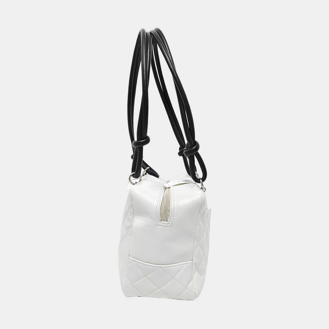 Chanel Cambon Medium Shoulder Bag White Calfskin Leather Snake-skin CC Logo Black Double Strap