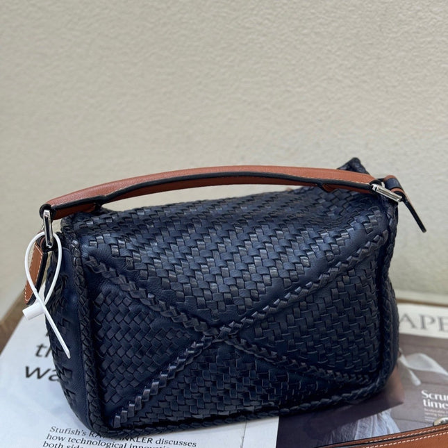 Loewe Puzzle Small Leather Woven Braided Navy Crossbody Bag