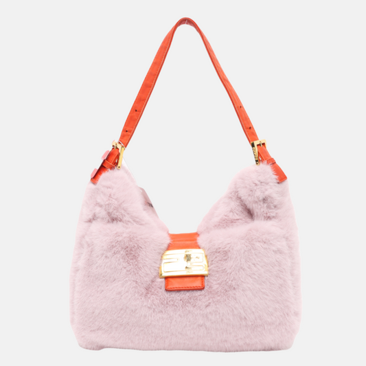 Fendi Baguette Soft Fluffy Shoulder Bag Pink and Orange Leather-Luxbags