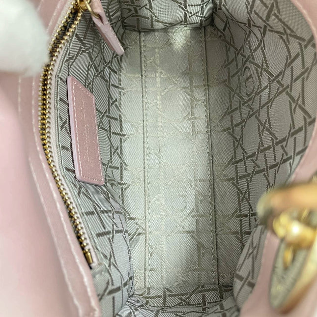 Lady Dior Mini Pearlescent Pink Lambskin Leather Gold HW Chain Strap