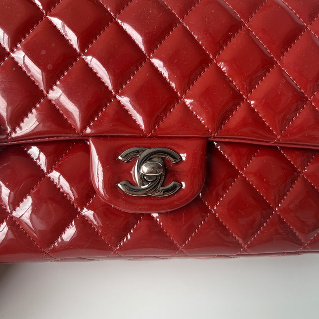 Chanel Classic Flap Medium Cherry Red Patent Leather Silver Hardware