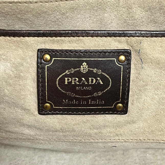 Prada Madras Brown Woven Leather Top Handle Shopping Tote