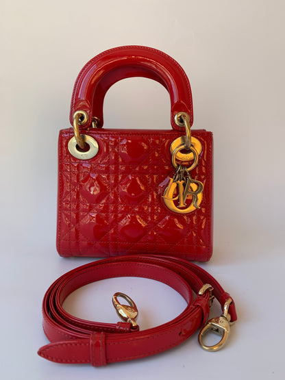 Sold Lady Dior Patent Leather Red Mini handbag with gold hardware