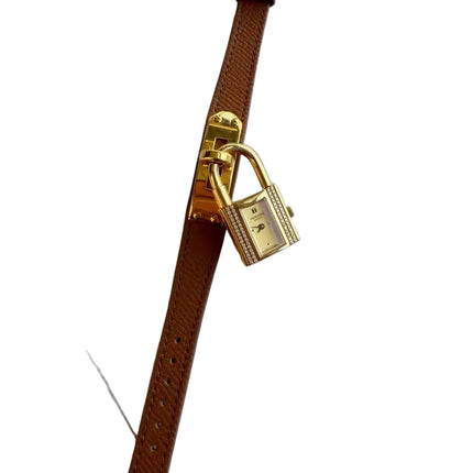 Hermès Kelly Padlock Gold Watch with Diamonds Brown Leather Strap