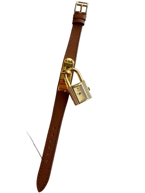 Hermès Kelly Padlock Gold Watch with Diamonds Brown Leather Strap