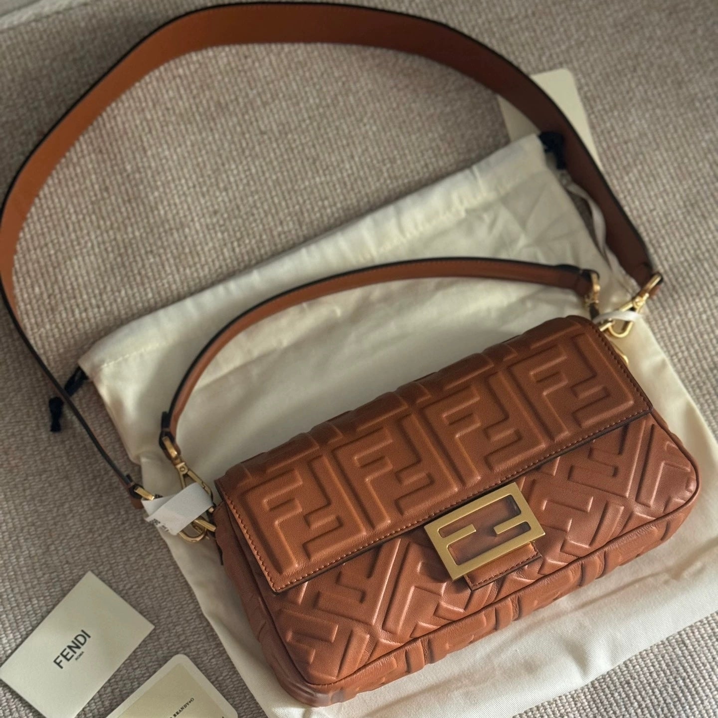 Fendi Baguette Caramel Tan Brown Lambskin Leather Crossbody Bag Medium-Luxbags