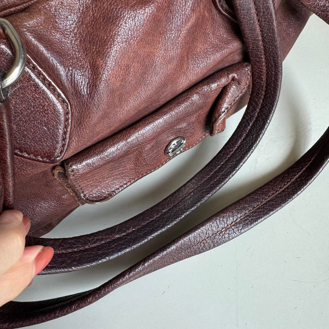 Prada Large Brown Washed Top Handle Bauletto Bag Calfksin Leather