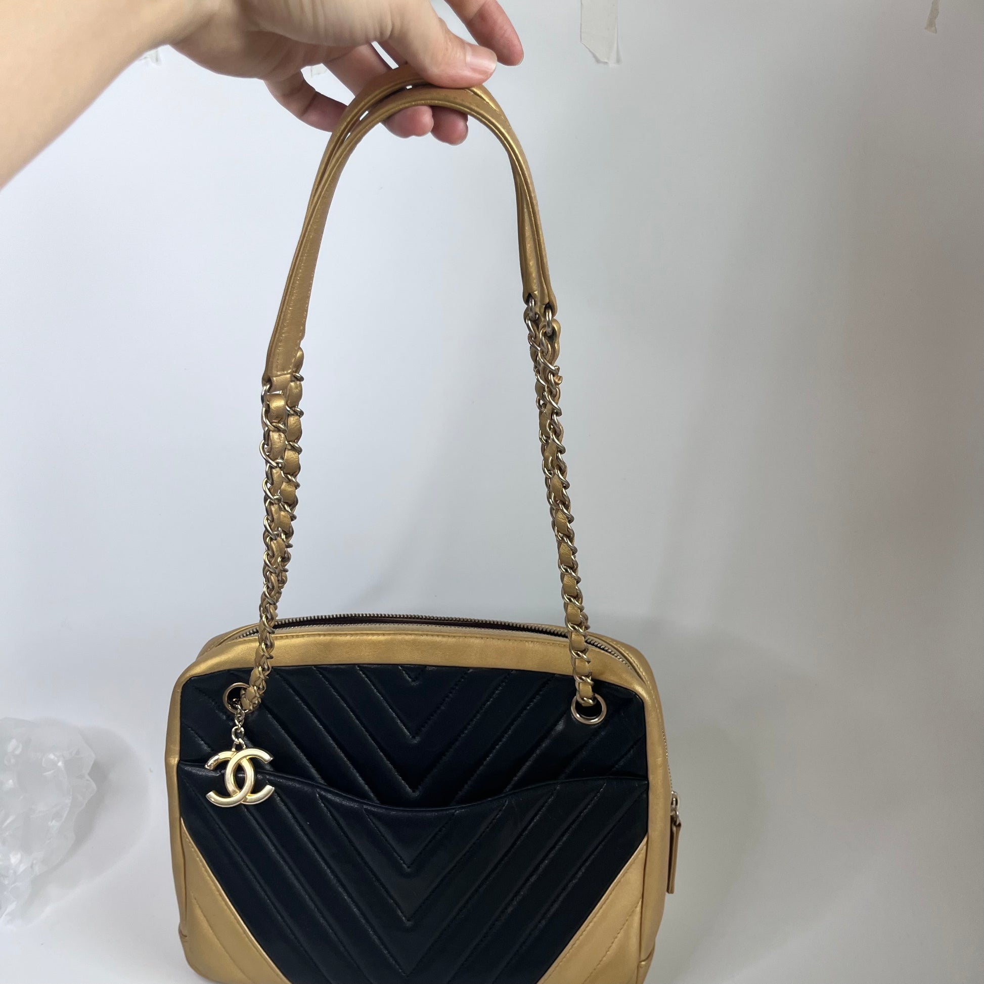 Sold Chanel Chevron Black and Gold Shoulder Bag